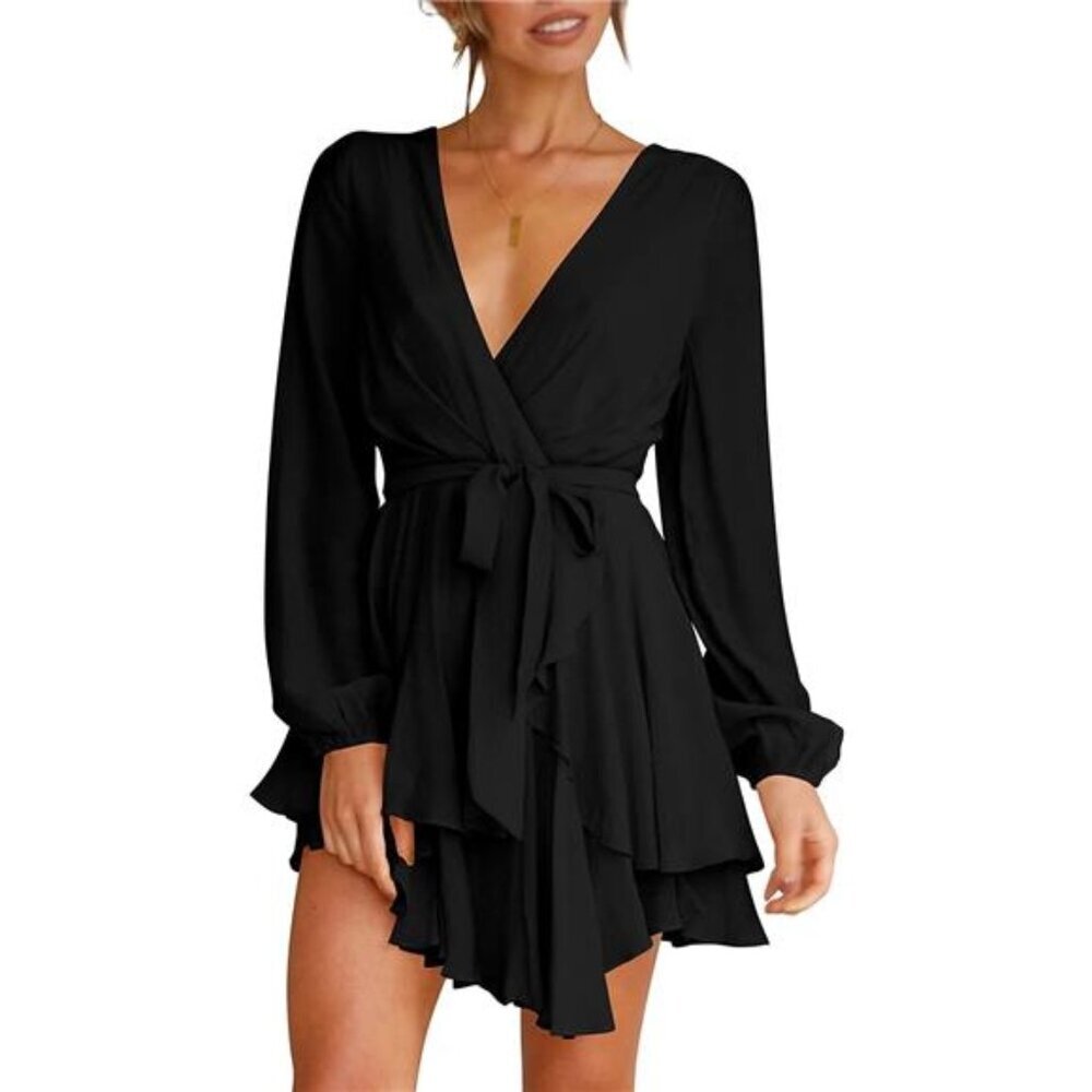 Black Fit & Flare Dress Deep V-Neck
